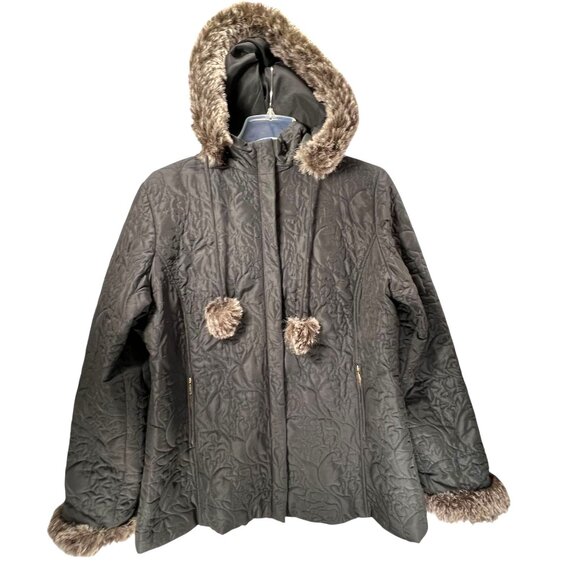 Cabi Quilted Black Jacket Faux Fur Red Lining XL Removable Hood Snap Full Zip - Picture 1 of 13